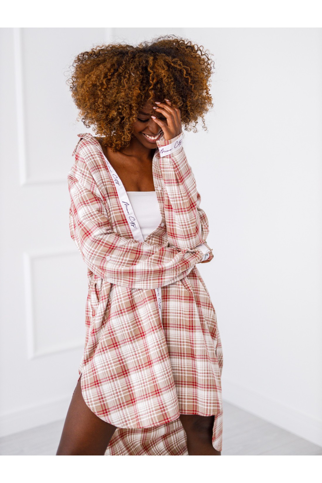 Long check shirt - beige